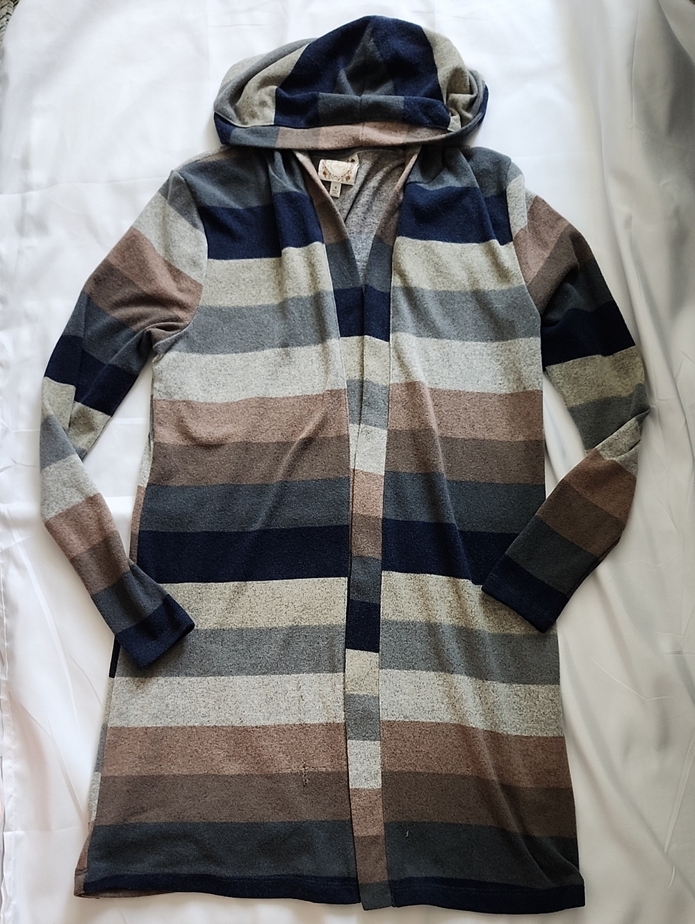 Women's Hooded Striped Duster - Navy, Gray, Brown